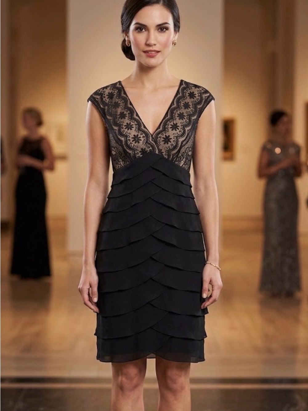 Adrianna Papell Black Tiered Ruffle Lace Sheath Cocktail Dress Size 14